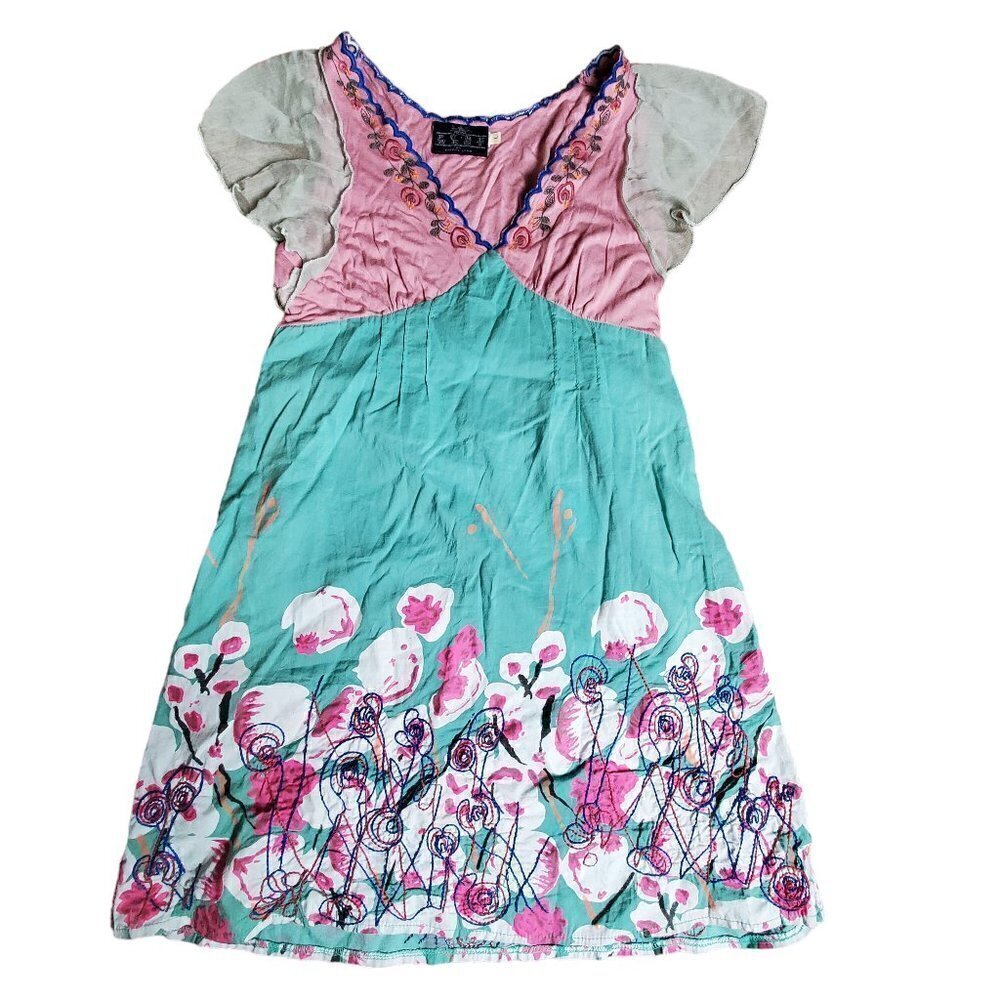 Pure West Cheryl Long Dress  Pink Teal Floral V-Neck Flutter Cottagecore‎ Size L